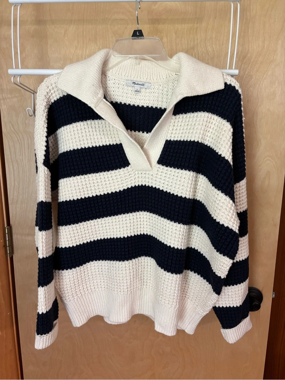Madewell Striped Knit Polo Sweater in Cream and Navy - Picture 2 of 3